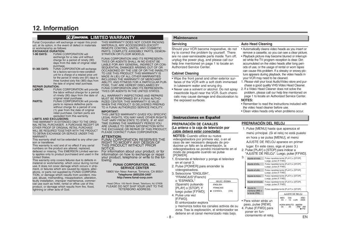 Emerson EWV603 owner manual Information, Maintenance, Instrucciones en Español 