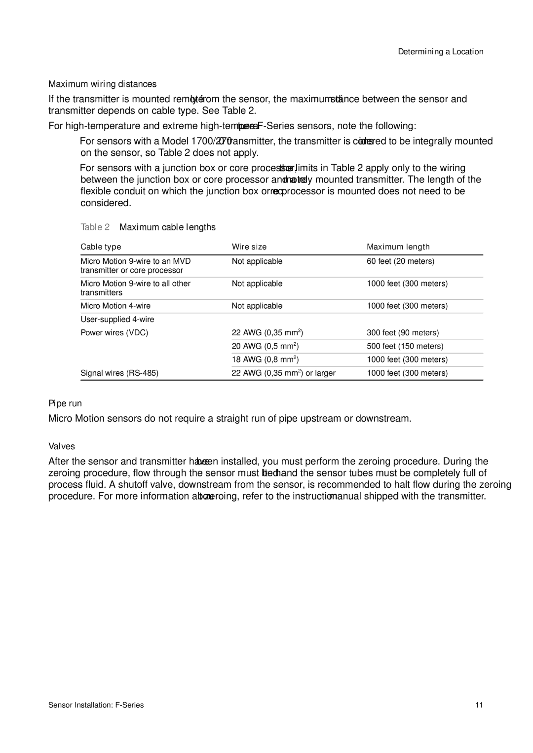 Emerson F-SERIES SENSOR installation manual Maximum wiring distances, Maximum cable lengths, Pipe run, Valves 