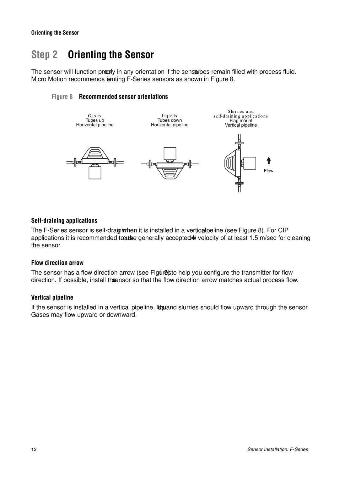 Emerson F-SERIES SENSOR Orienting the Sensor, Self-draining applications, Flow direction arrow, Vertical pipeline 