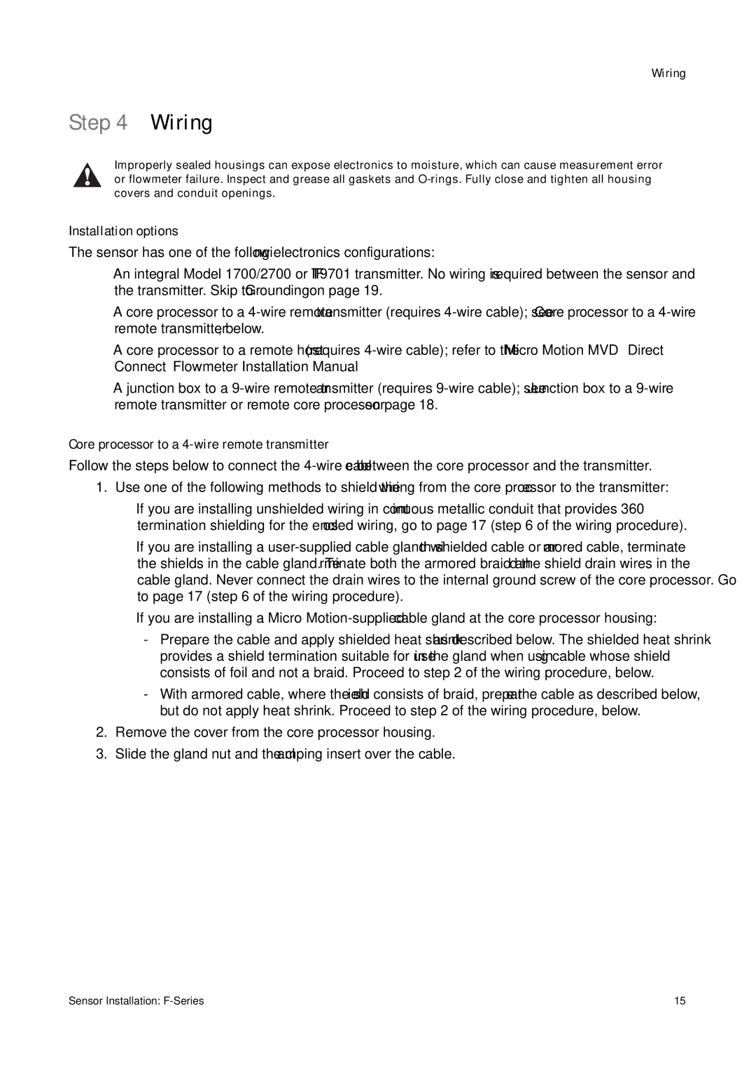 Emerson F-SERIES SENSOR installation manual Wiring, Core processor to a 4-wire remote transmitter 