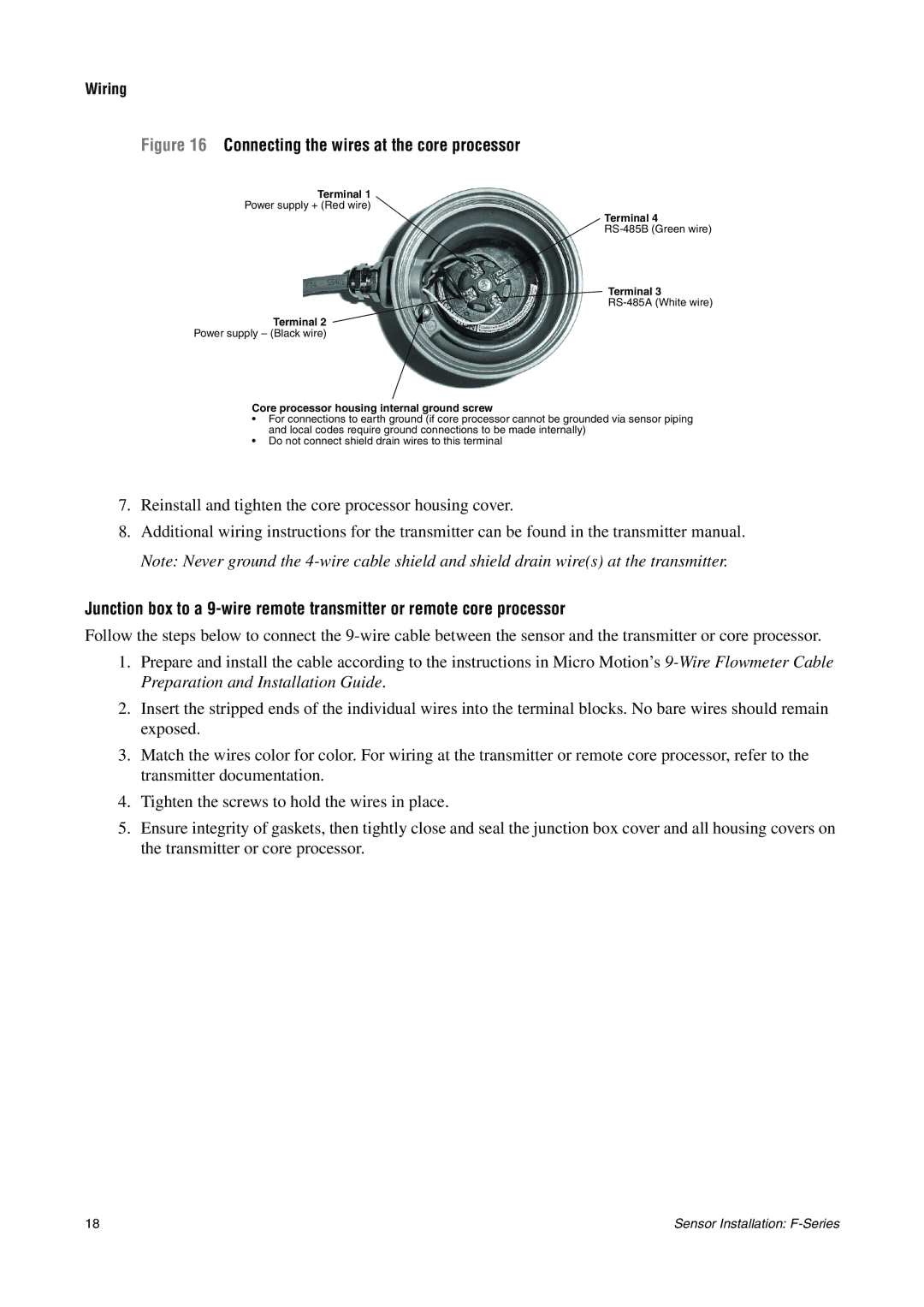 Emerson F-SERIES SENSOR installation manual Connecting the wires at the core processor 