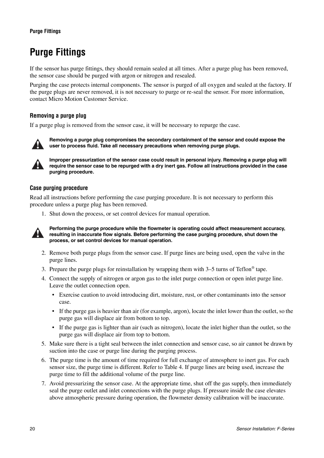 Emerson F-SERIES SENSOR installation manual Purge Fittings, Removing a purge plug, Case purging procedure 