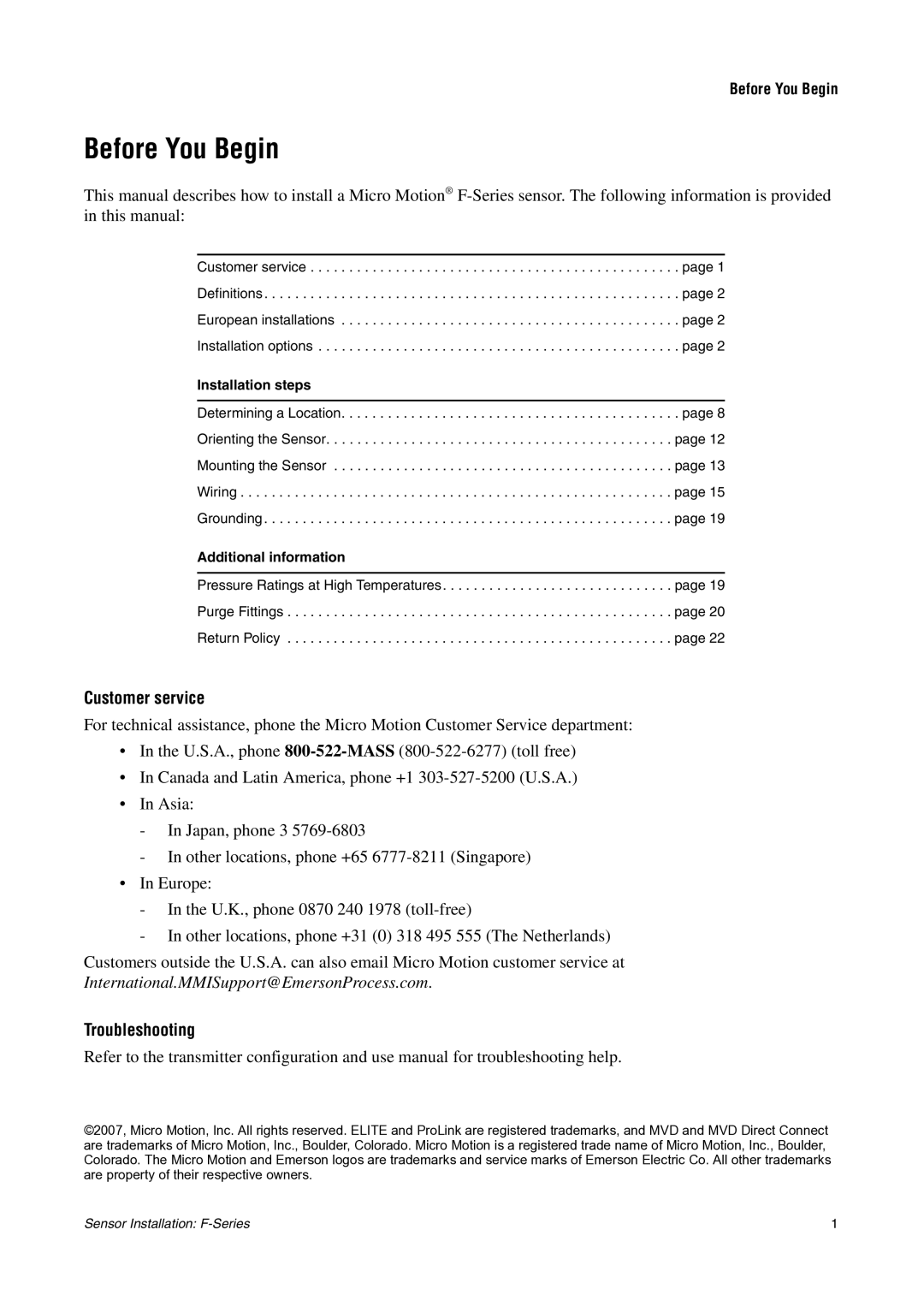 Emerson F-SERIES SENSOR installation manual Before You Begin, Customer service, Troubleshooting 