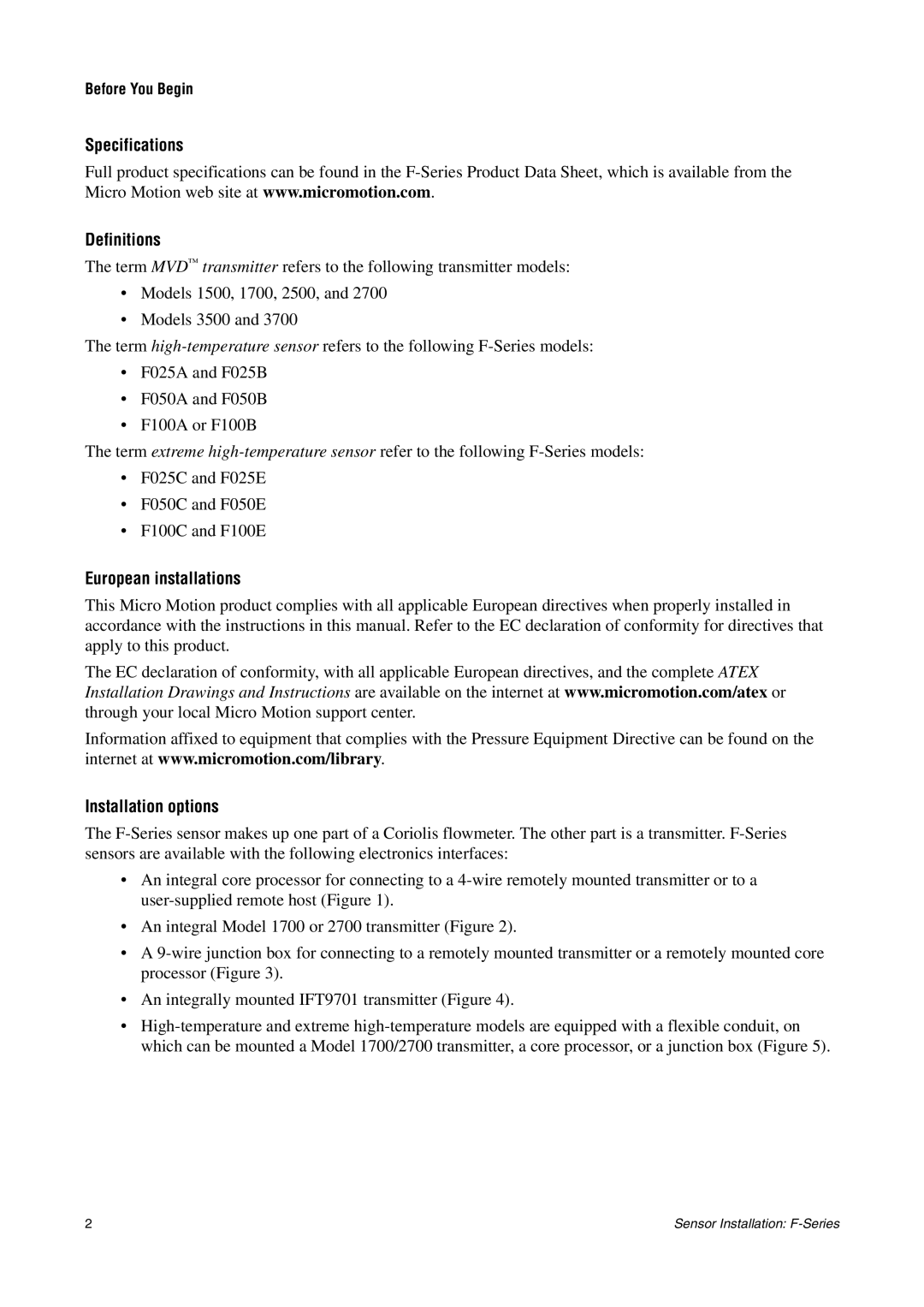 Emerson F-SERIES SENSOR installation manual Specifications Definitions, European installations, Installation options 