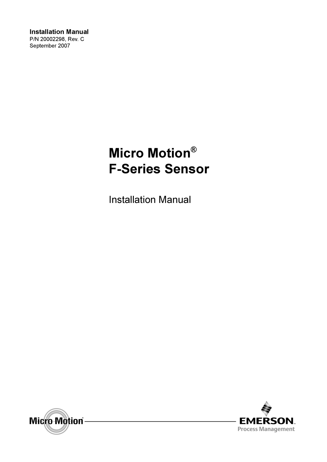 Emerson F-SERIES SENSOR installation manual Micro Motion F-SeriesSensor, Installation Manual 