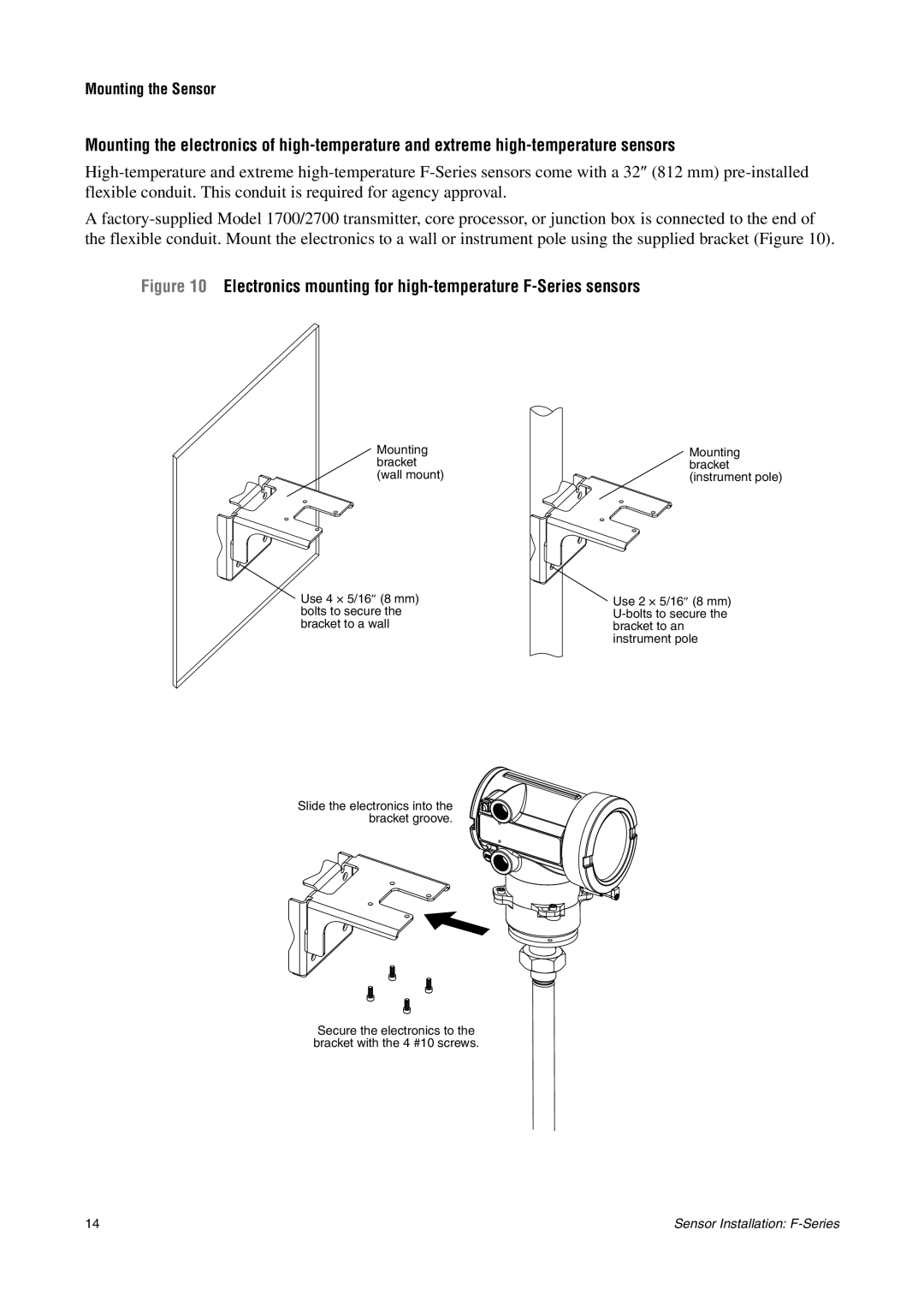 Emerson F-SERIES SENSOR installation manual Mounting bracket wall mount, Mounting bracket instrument pole 