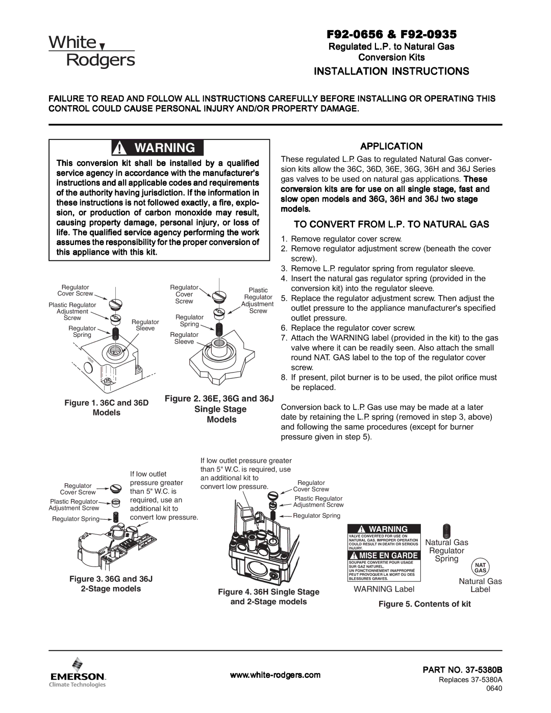 Emerson F92-0935, F92-0656 installation instructions Remove regulator cover screw, Replace the regulator cover screw 