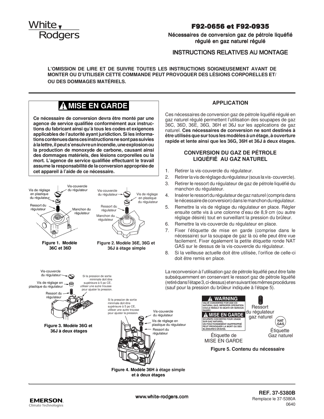 Emerson F92-0656, F92-0935 installation instructions Application, Conversion DU GAZ DE Pétrole Liquéfié AU GAZ Naturel 