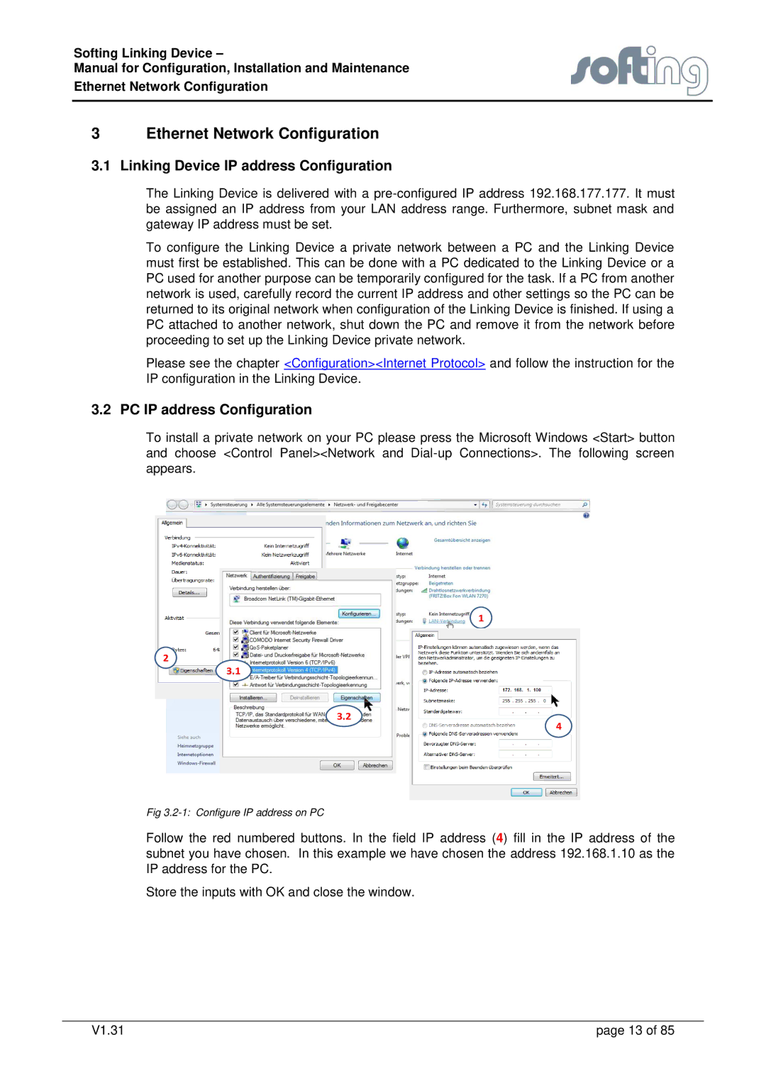 Emerson FG-110 manual Linking Device IP address Configuration, PC IP address Configuration 