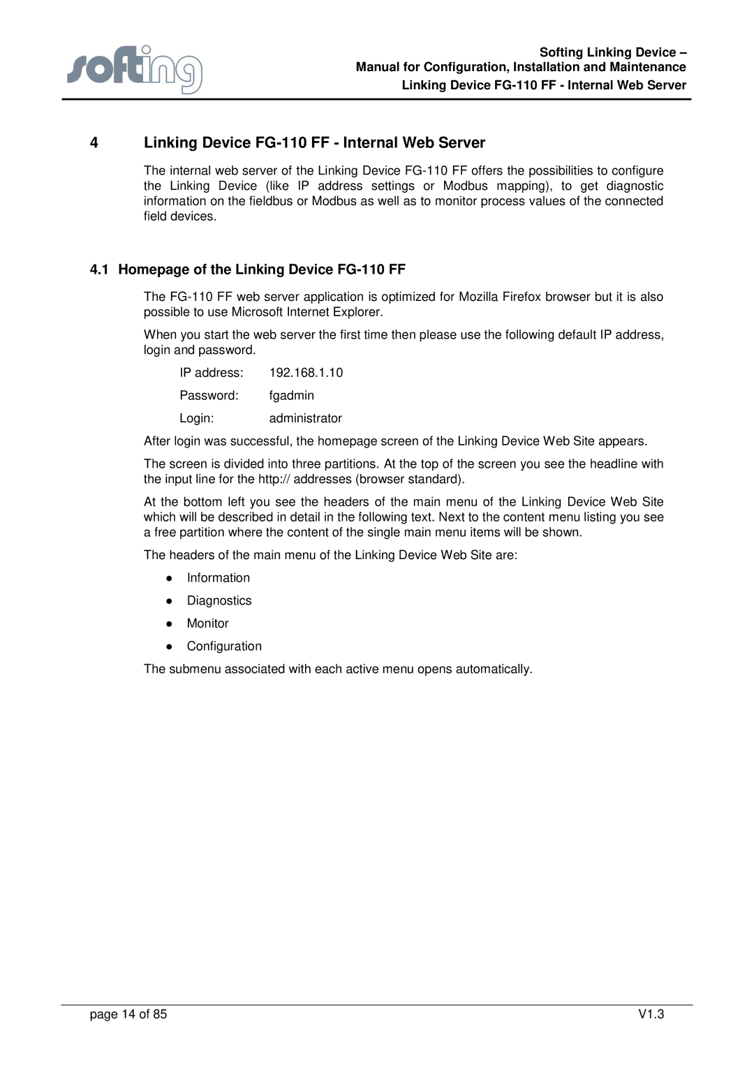 Emerson manual Linking Device FG-110 FF Internal Web Server, Homepage of the Linking Device FG-110 FF 