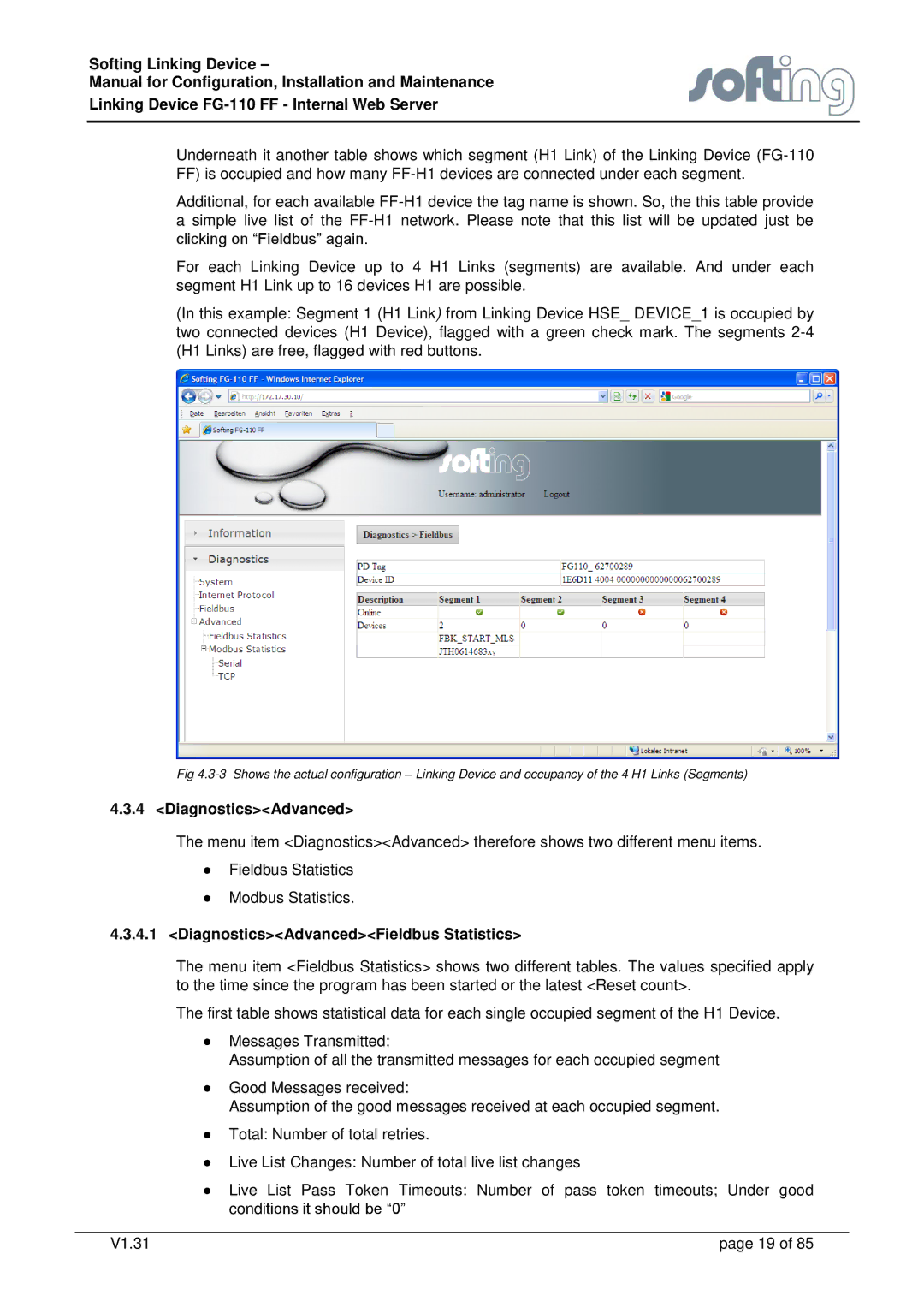 Emerson FG-110 manual DiagnosticsAdvancedFieldbus Statistics 