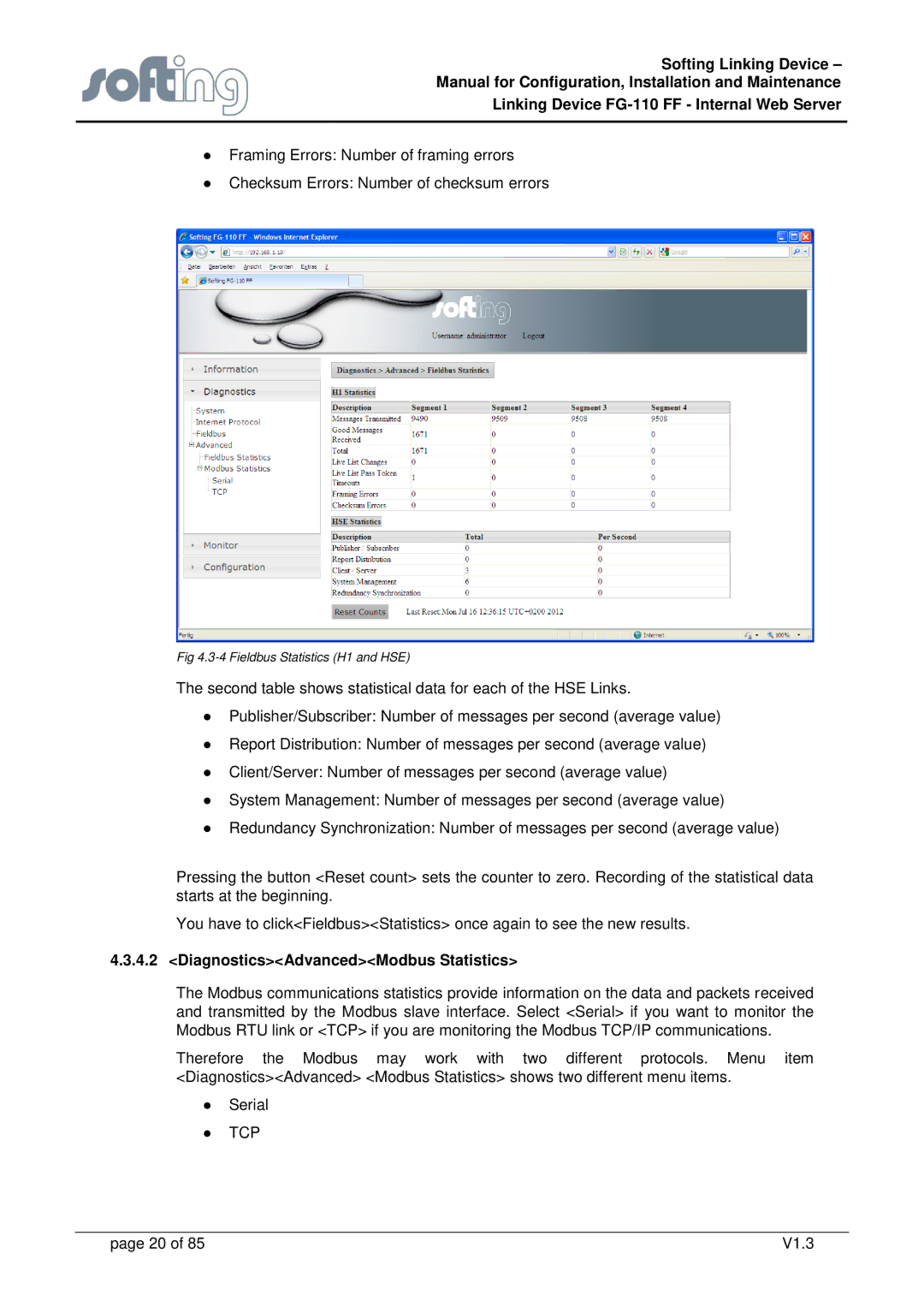 Emerson FG-110 manual DiagnosticsAdvancedModbus Statistics 