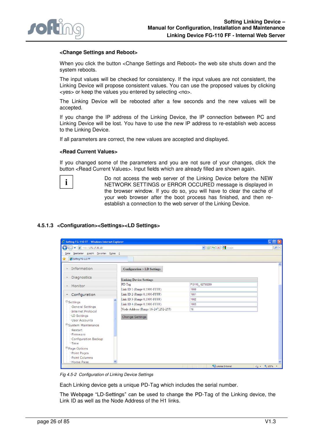 Emerson FG-110 manual Read Current Values, ConfigurationSettingsLD Settings 