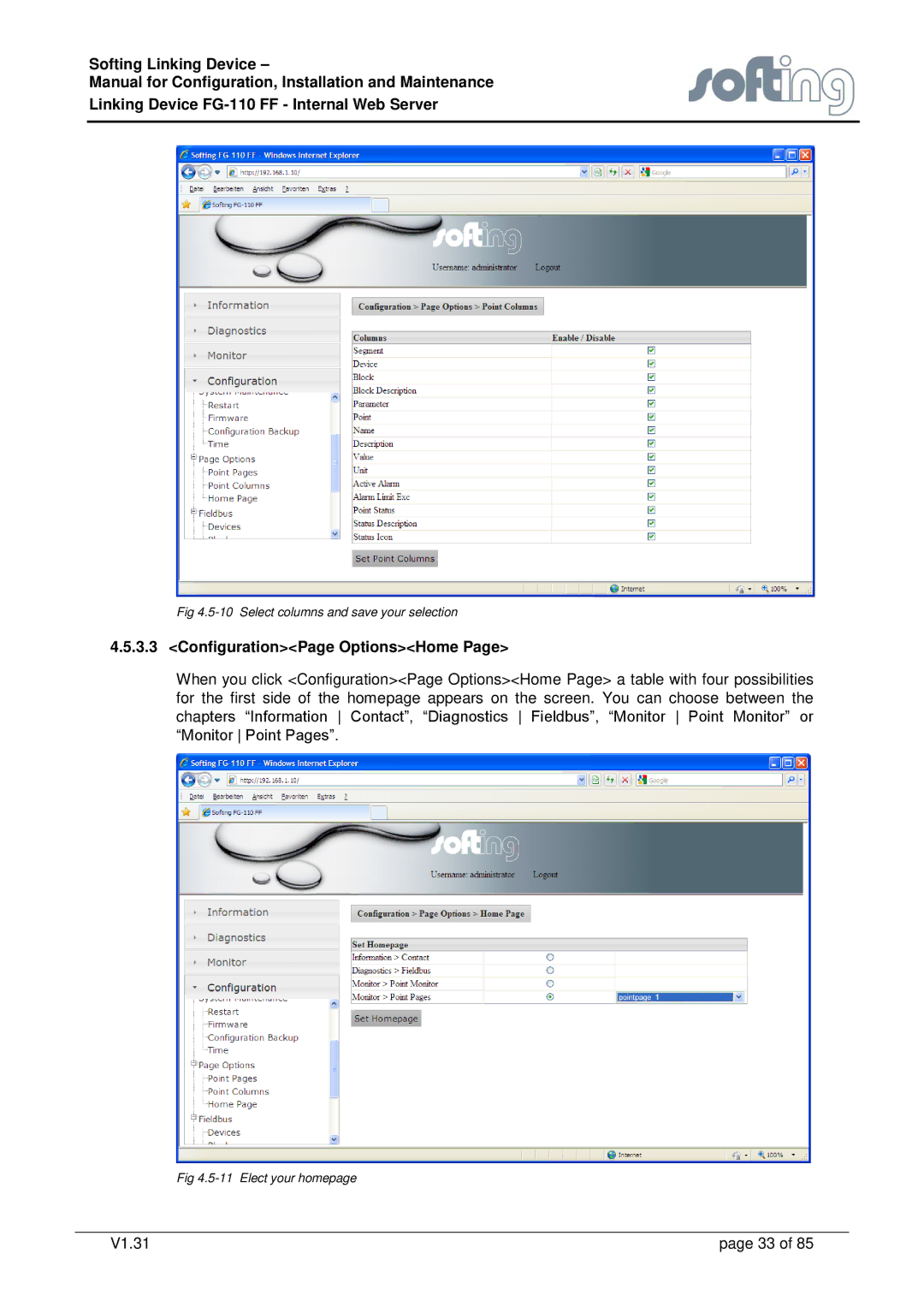 Emerson FG-110 manual ConfigurationPage OptionsHome 