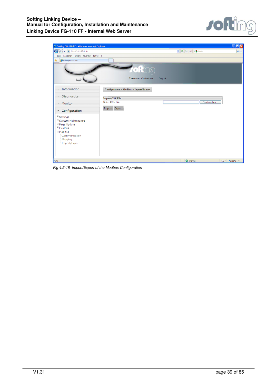 Emerson FG-110 manual Import/Export of the Modbus Configuration 