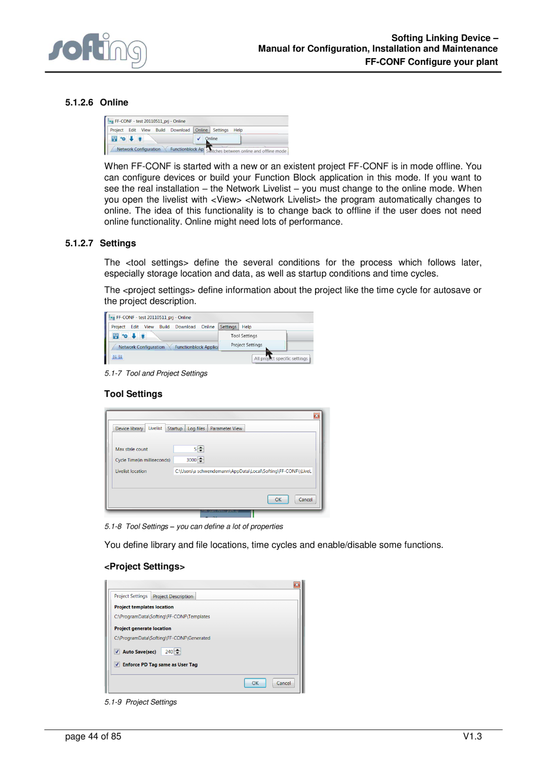 Emerson FG-110 manual Tool Settings, Project Settings 