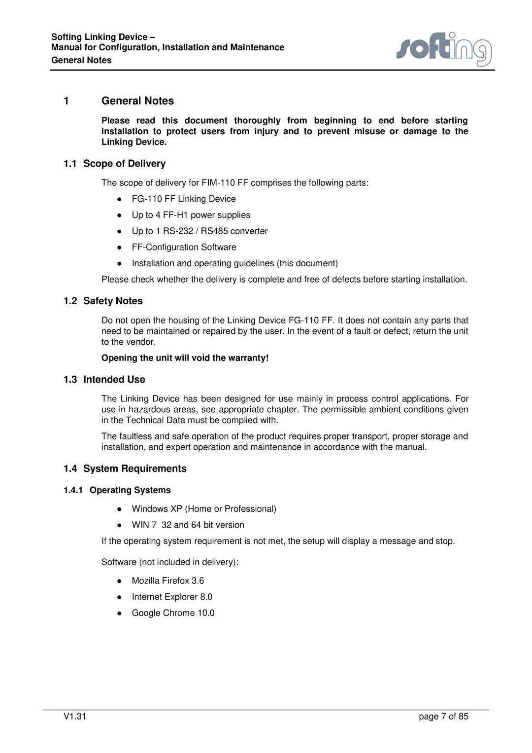 Emerson FG-110 manual Scope of Delivery, Safety Notes, Intended Use, System Requirements 