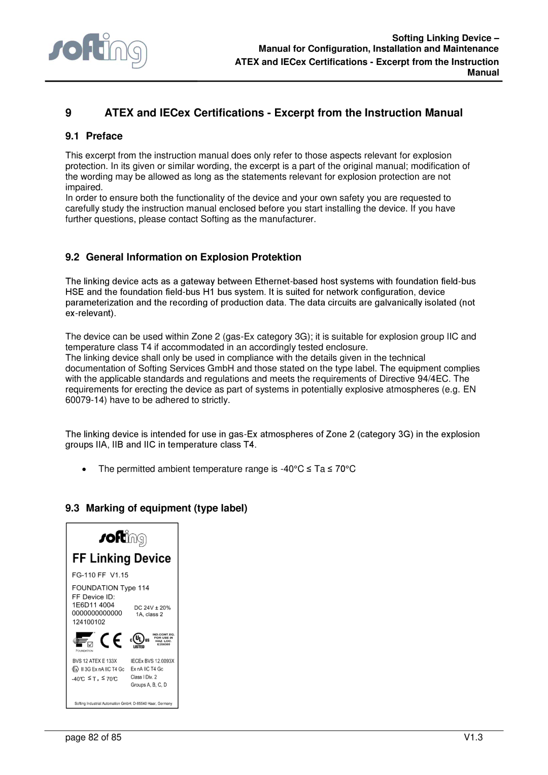 Emerson FG-110 manual Preface General Information on Explosion Protektion, Marking of equipment type label 