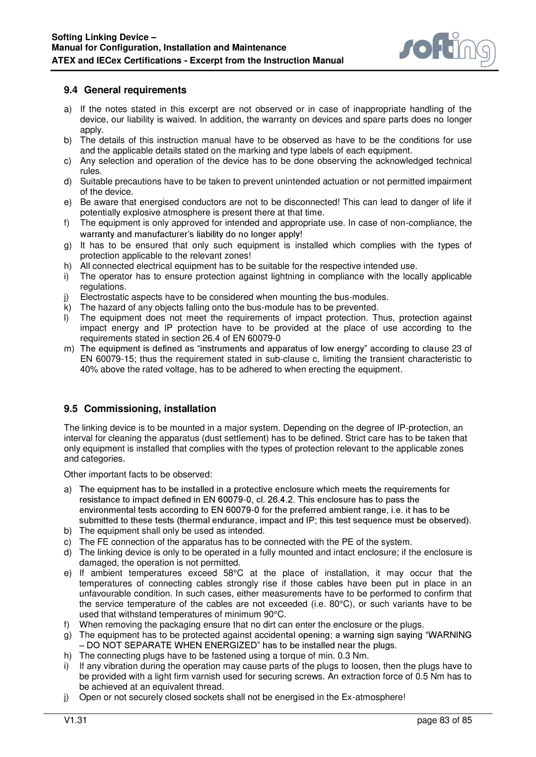 Emerson FG-110 manual General requirements, Commissioning, installation 