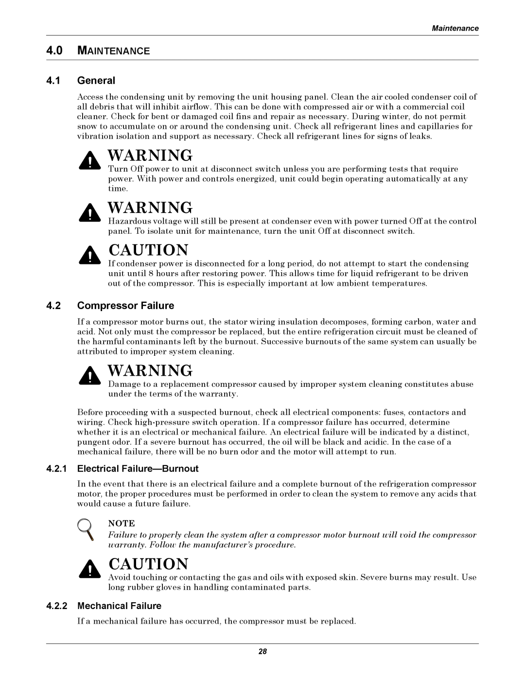 Emerson Figure i manual 4.1General, 4.2Compressor Failure, 4.0MAINTENANCE, 4.2.1Electrical Failure-Burnout 