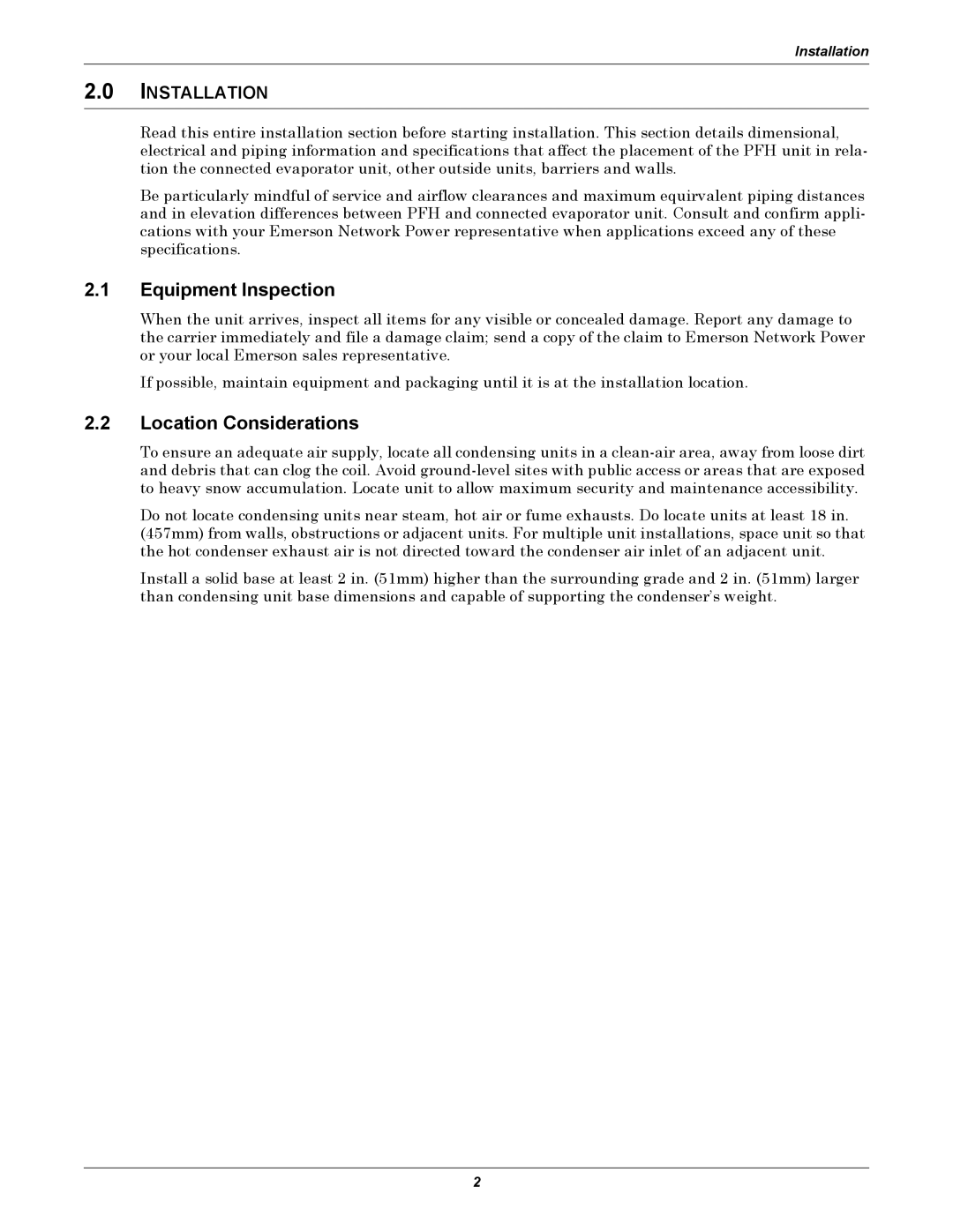 Emerson Figure i manual 2.1Equipment Inspection, 2.2Location Considerations, 2.0INSTALLATION 