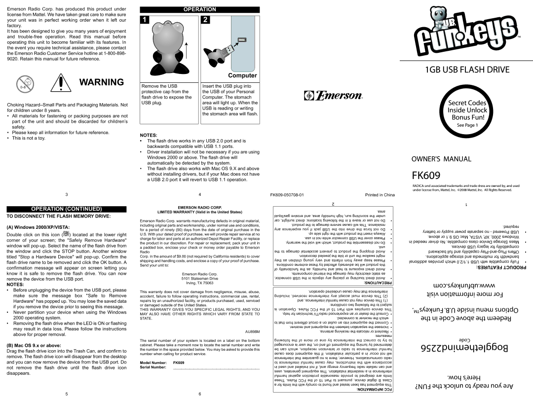 Emerson FK609 owner manual Windows 2000/XP/VISTA, Mac OS 9.x or above, Emerson Radio Corp, Prec, Information FCC 