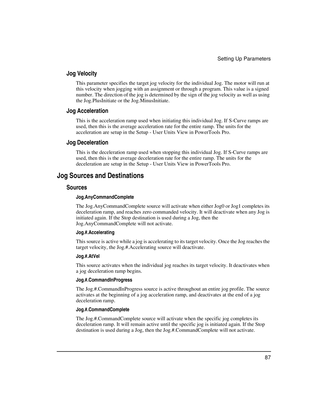 Emerson FM-3 manual Jog Sources and Destinations, Jog Velocity, Jog Acceleration, Jog Deceleration 