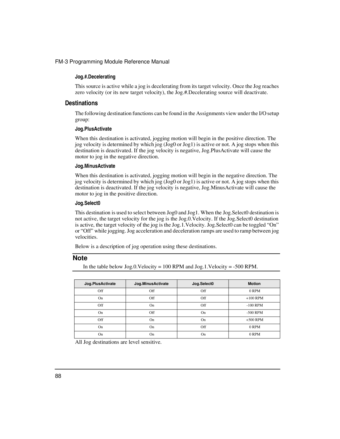 Emerson FM-3 manual Destinations, Jog.#.Decelerating, Jog.PlusActivate, Jog.MinusActivate, Jog.Select0 