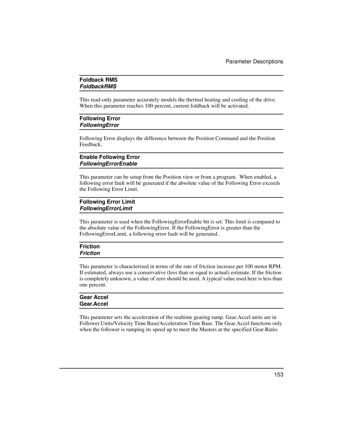 Emerson FM-3 manual FoldbackRMS, FollowingErrorEnable, FollowingErrorLimit, Friction 