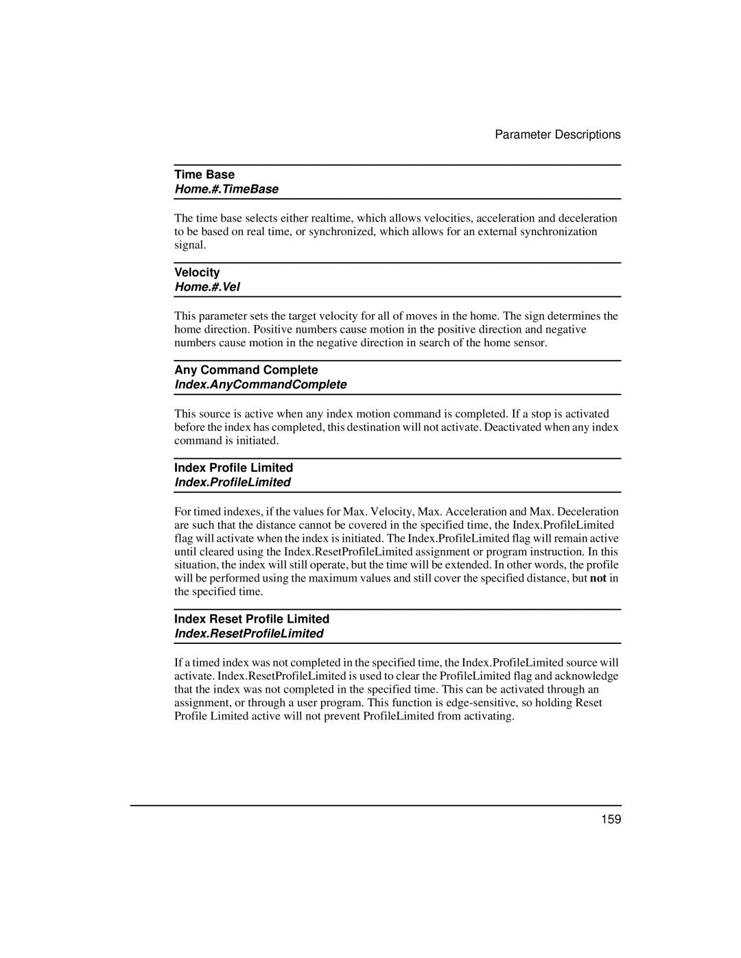 Emerson FM-3 manual Home.#.TimeBase, Home.#.Vel, Index.AnyCommandComplete, Index.ProfileLimited, Index.ResetProfileLimited 