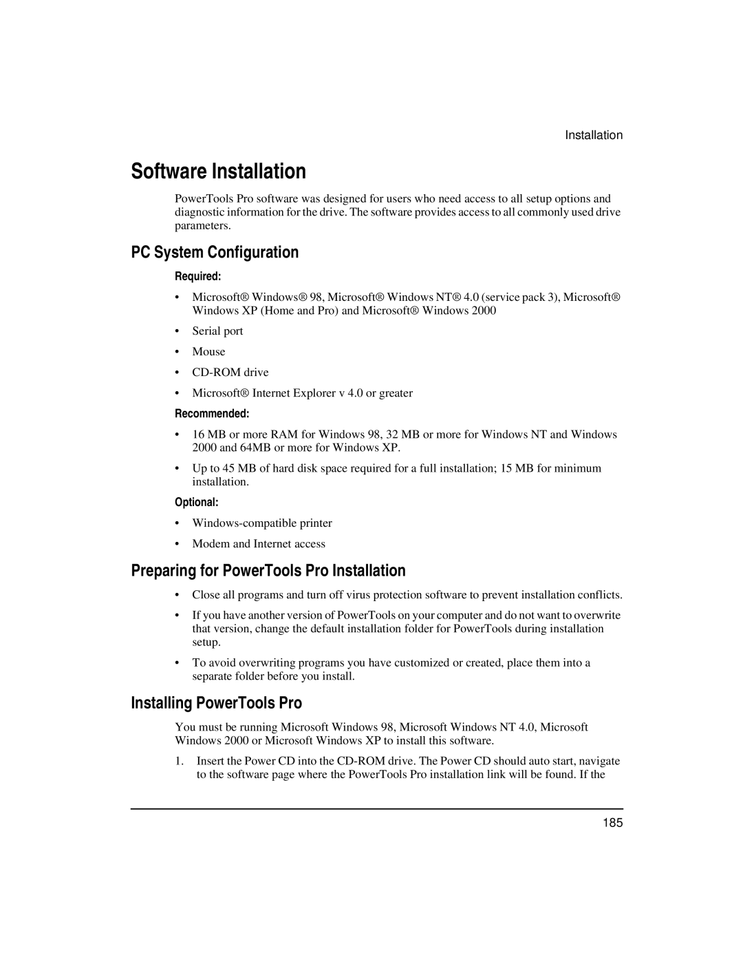 Emerson FM-3 manual Software Installation, PC System Configuration, Preparing for PowerTools Pro Installation 