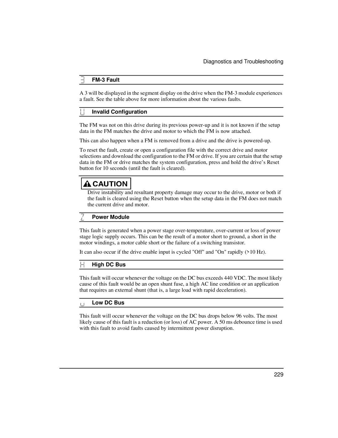 Emerson manual FM-3 Fault, Invalid Configuration, Power Module, High DC Bus, Low DC Bus 