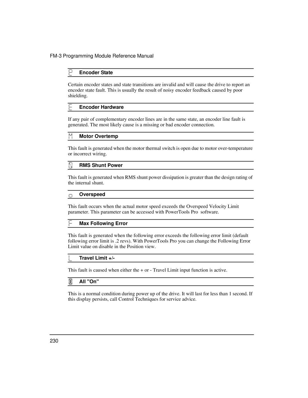 Emerson FM-3 Encoder State, Encoder Hardware, Motor Overtemp, RMS Shunt Power, Overspeed, Max Following Error, All On 
