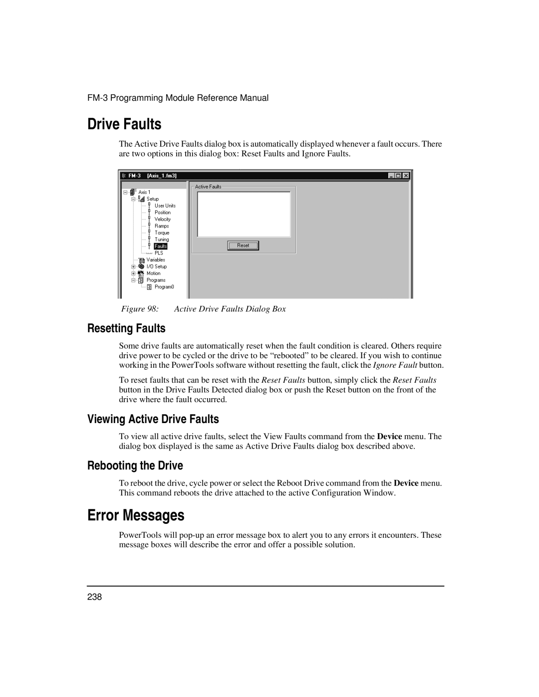 Emerson FM-3 manual Error Messages, Resetting Faults, Viewing Active Drive Faults, Rebooting the Drive 