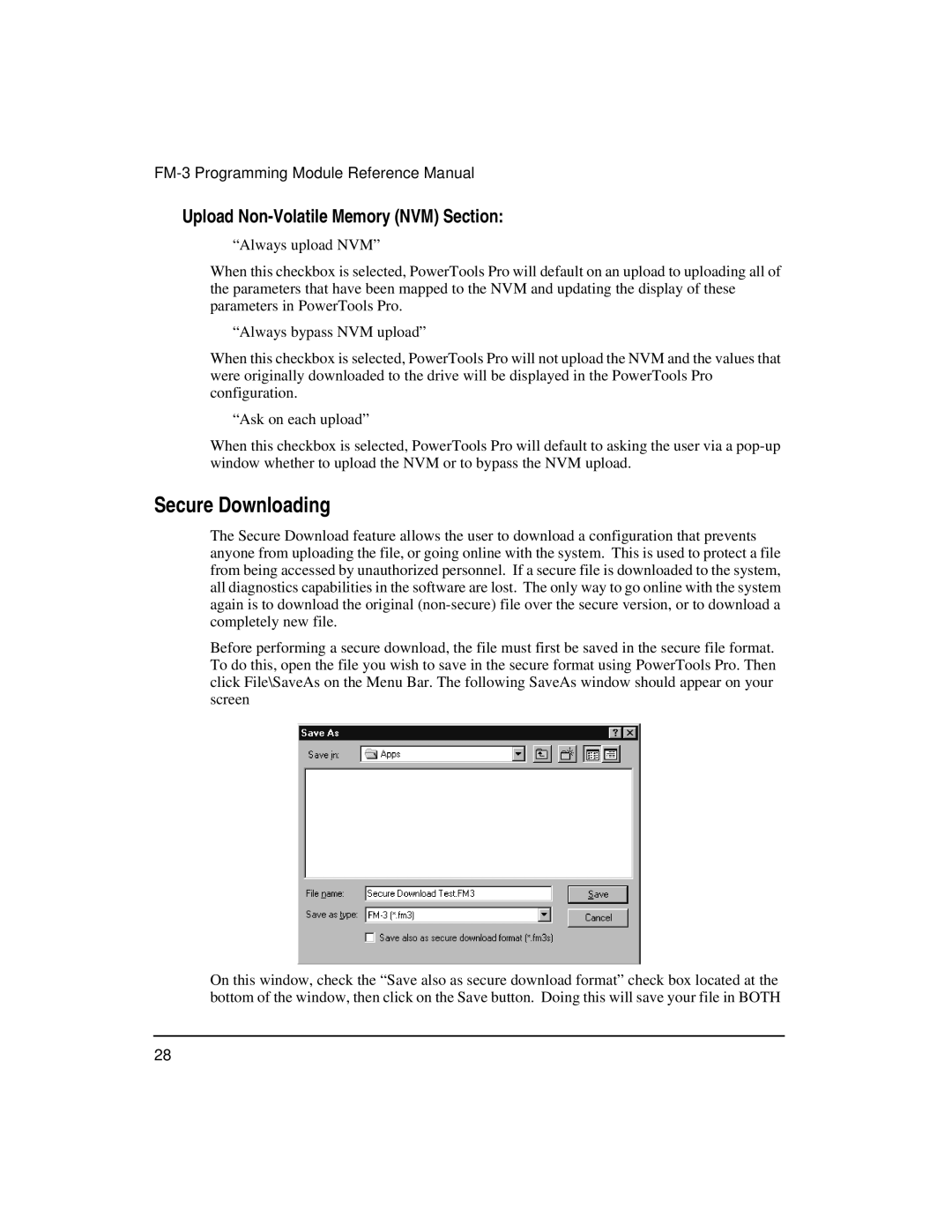 Emerson FM-3 manual Secure Downloading, Upload Non-Volatile Memory NVM Section 