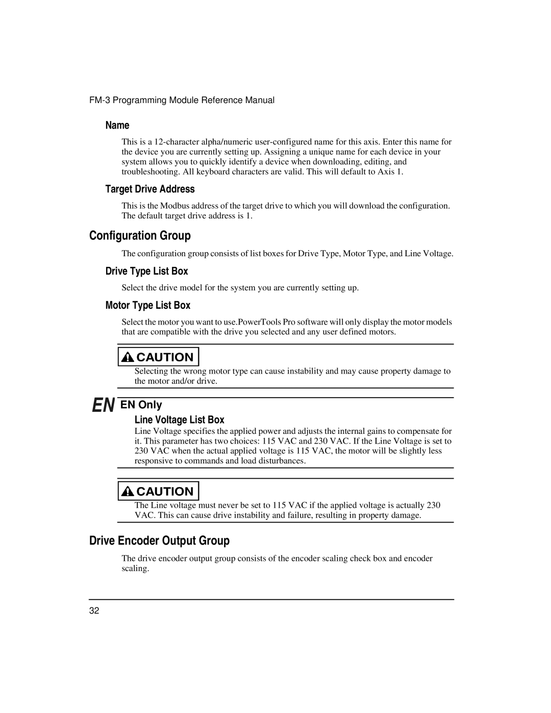 Emerson FM-3 manual Configuration Group, Drive Encoder Output Group 