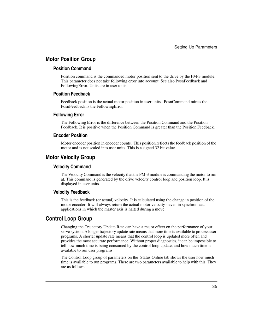 Emerson FM-3 manual Motor Position Group, Motor Velocity Group, Control Loop Group 