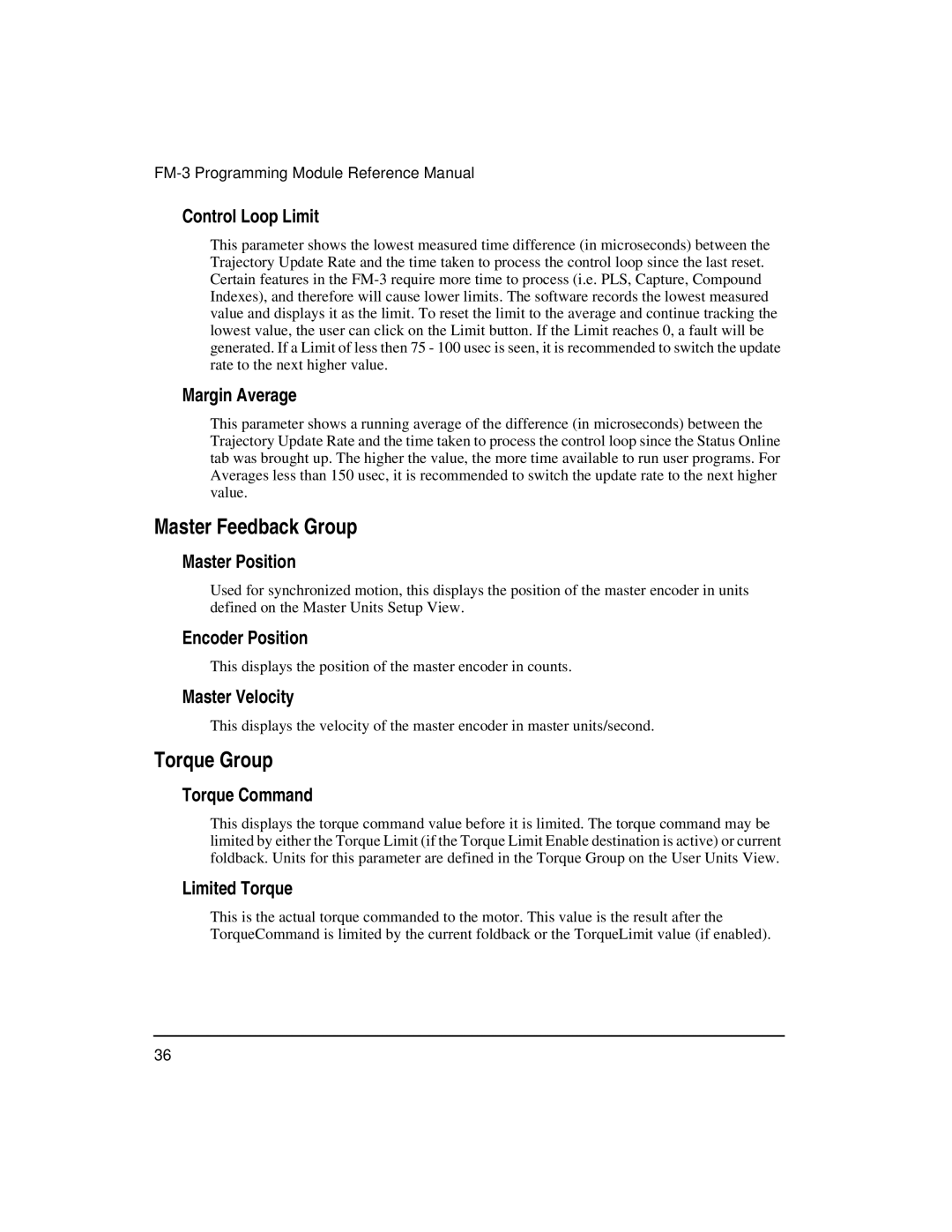 Emerson FM-3 manual Master Feedback Group, Torque Group 