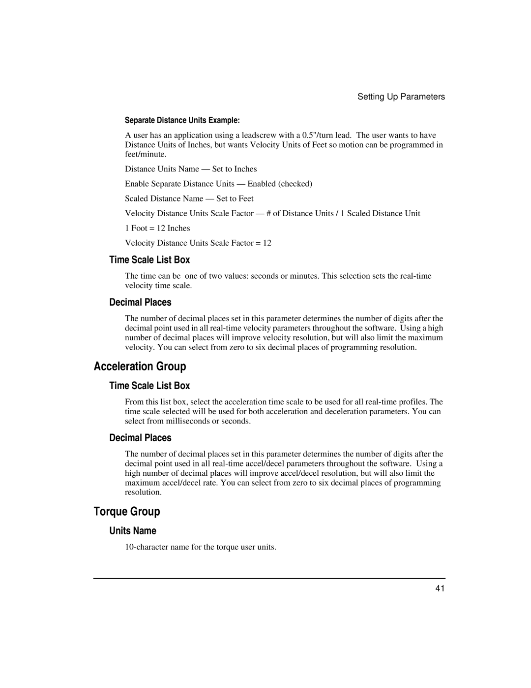 Emerson FM-3 manual Acceleration Group, Time Scale List Box, Separate Distance Units Example 