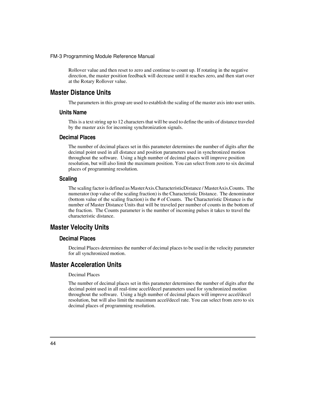 Emerson FM-3 manual Master Distance Units, Master Velocity Units, Master Acceleration Units 