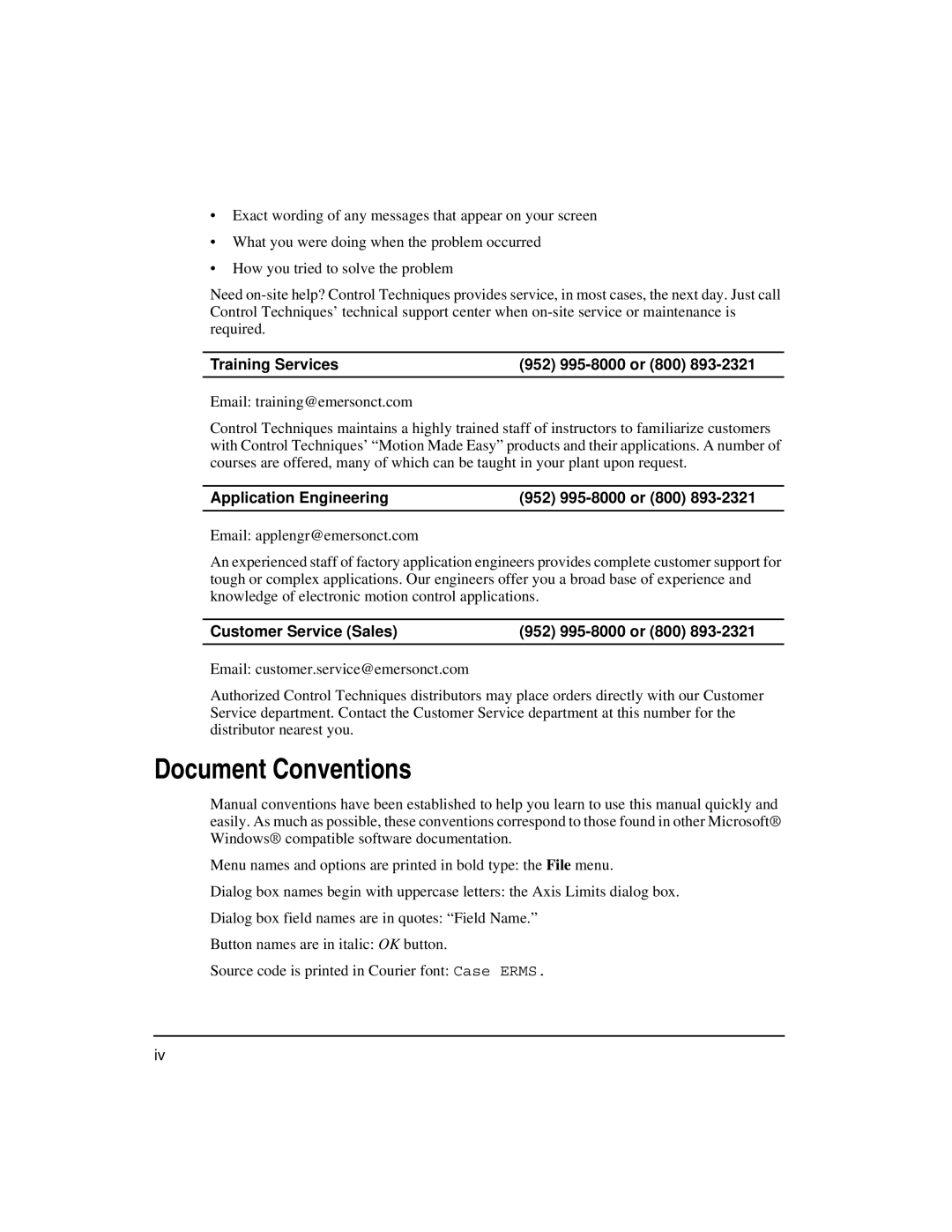 Emerson FM-3 Document Conventions, Training Services 952 995-8000 or 800, Application Engineering 952 995-8000 or 800 