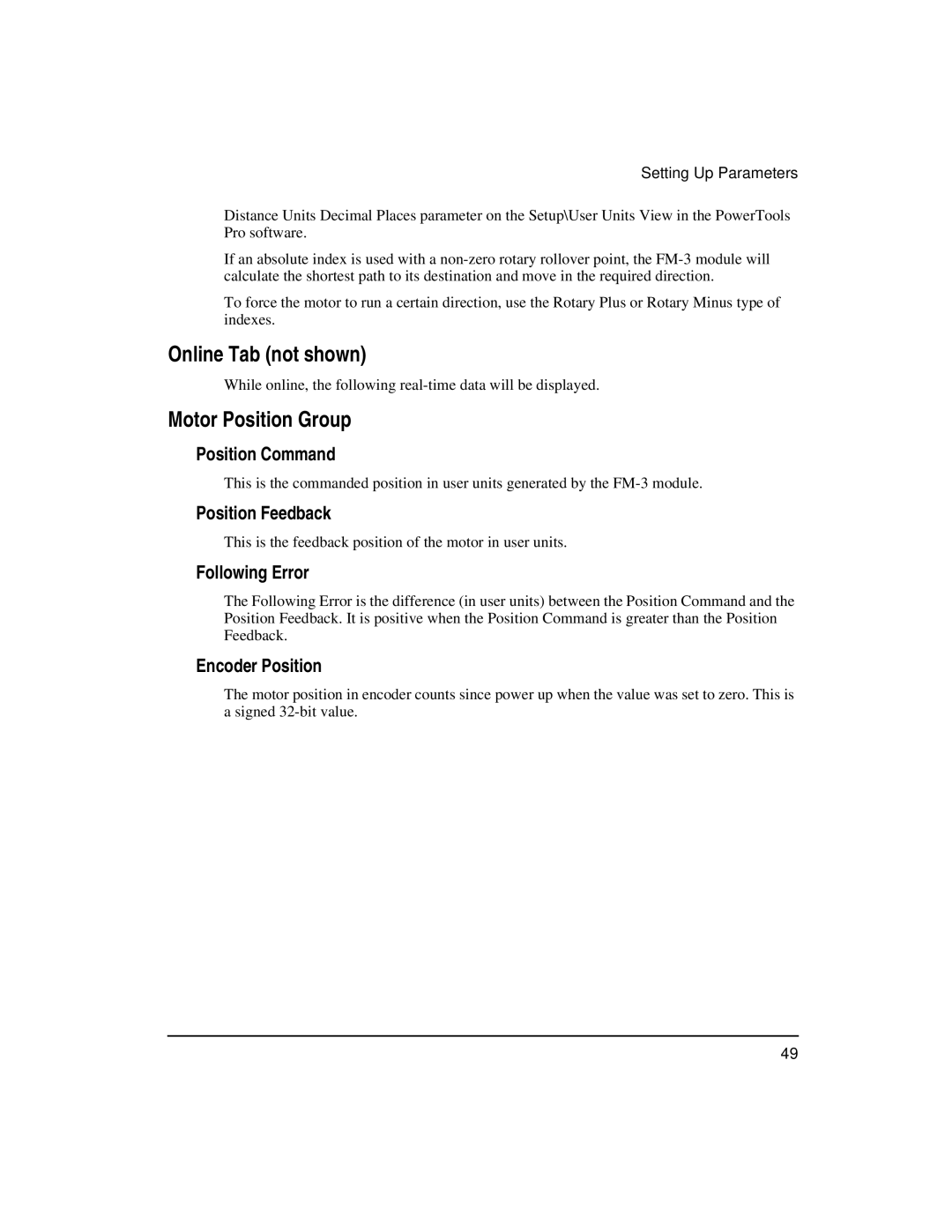 Emerson FM-3 manual Online Tab not shown, Motor Position Group 