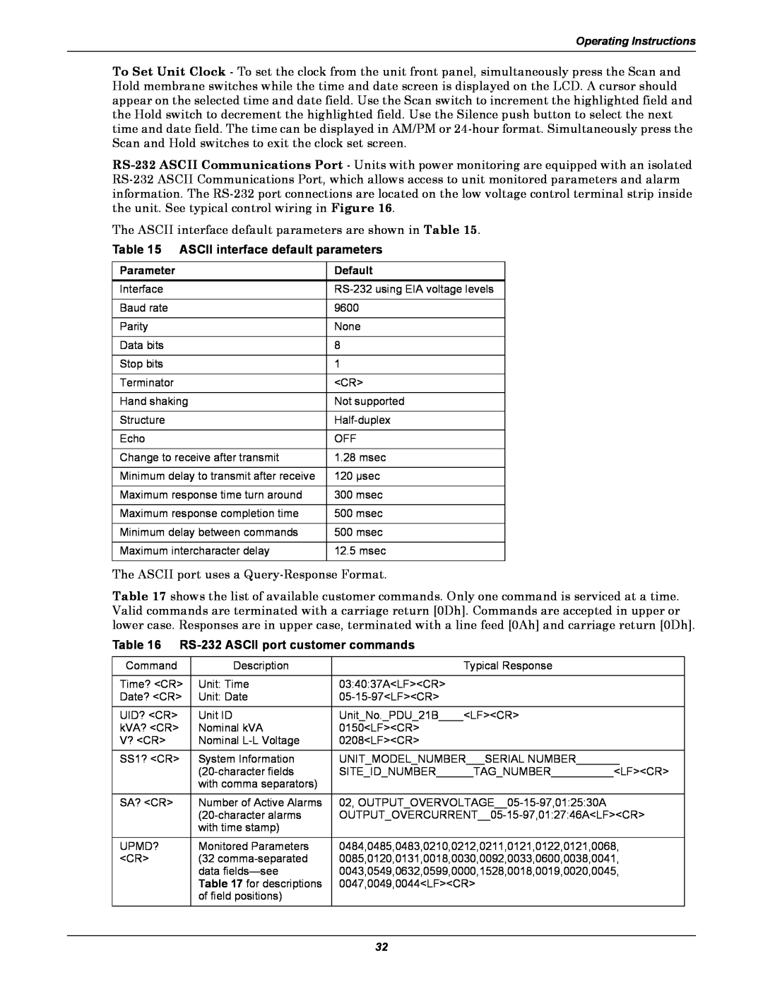 Emerson FPC user manual ASCII interface default parameters, RS-232 ASCII port customer commands 