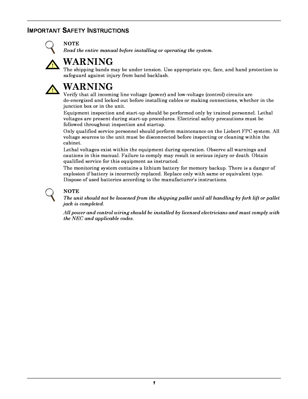 Emerson FPC user manual Important Safety Instructions, Read the entire manual before installing or operating the system 