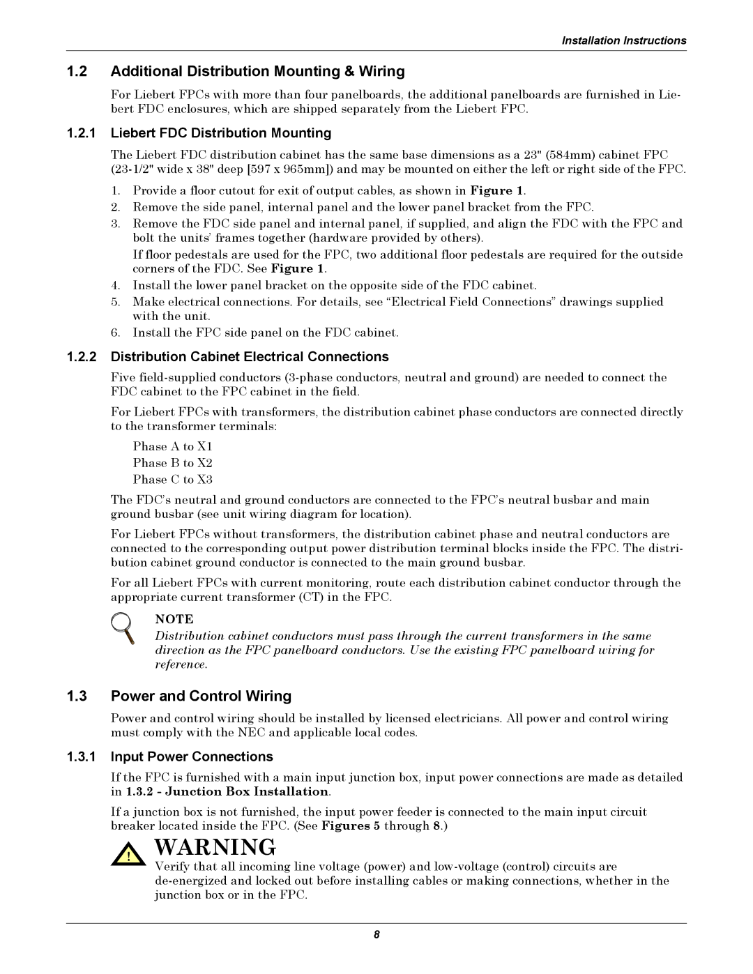 Emerson FPC Additional Distribution Mounting & Wiring, Power and Control Wiring, Liebert FDC Distribution Mounting 