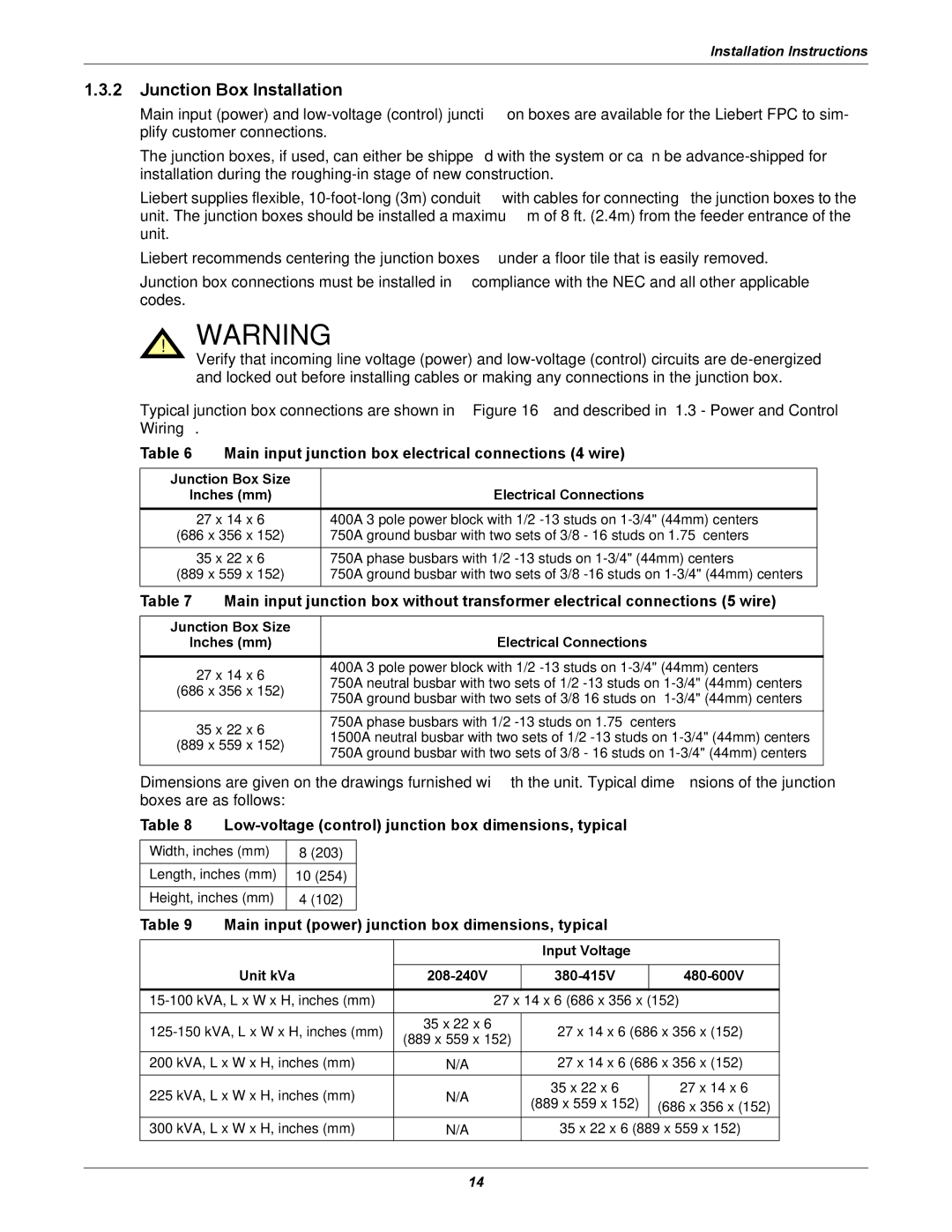 Emerson FPC user manual Junction Box Installation, Main input junction box electrical connections 4 wire 