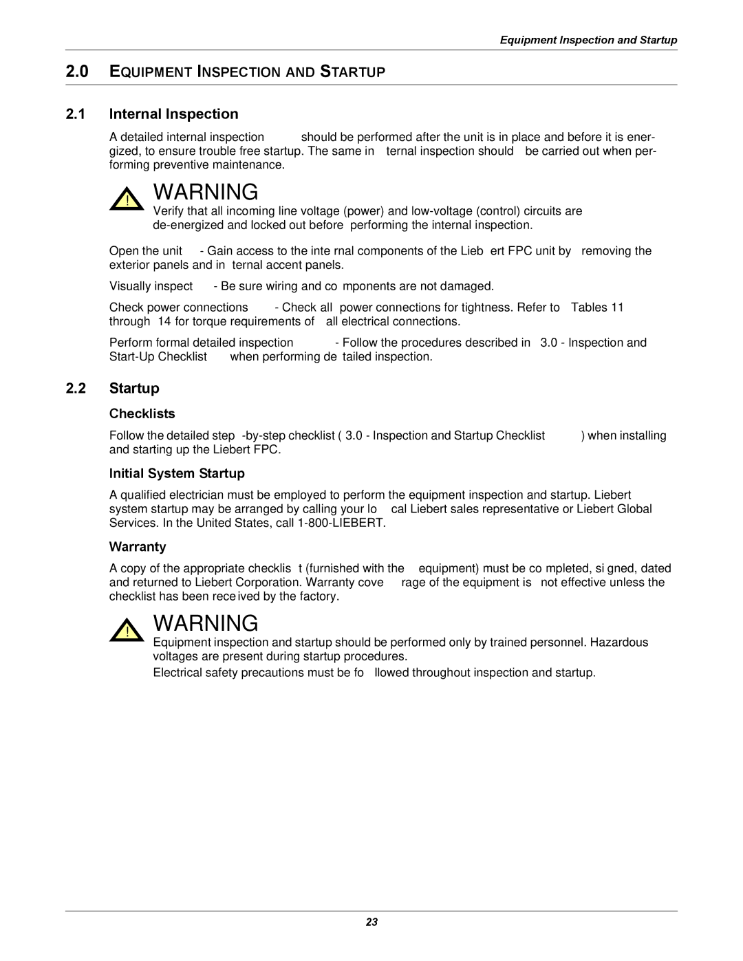 Emerson FPC user manual Internal Inspection, Checklists, Initial System Startup, Warranty 