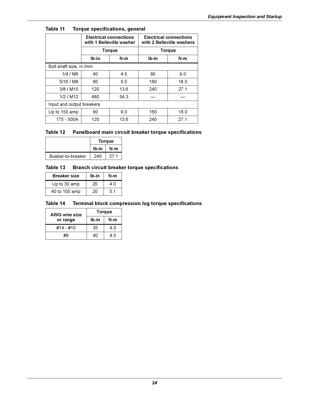 Emerson FPC user manual Torque specifications, general, Panelboard main circuit breaker torque specifications 