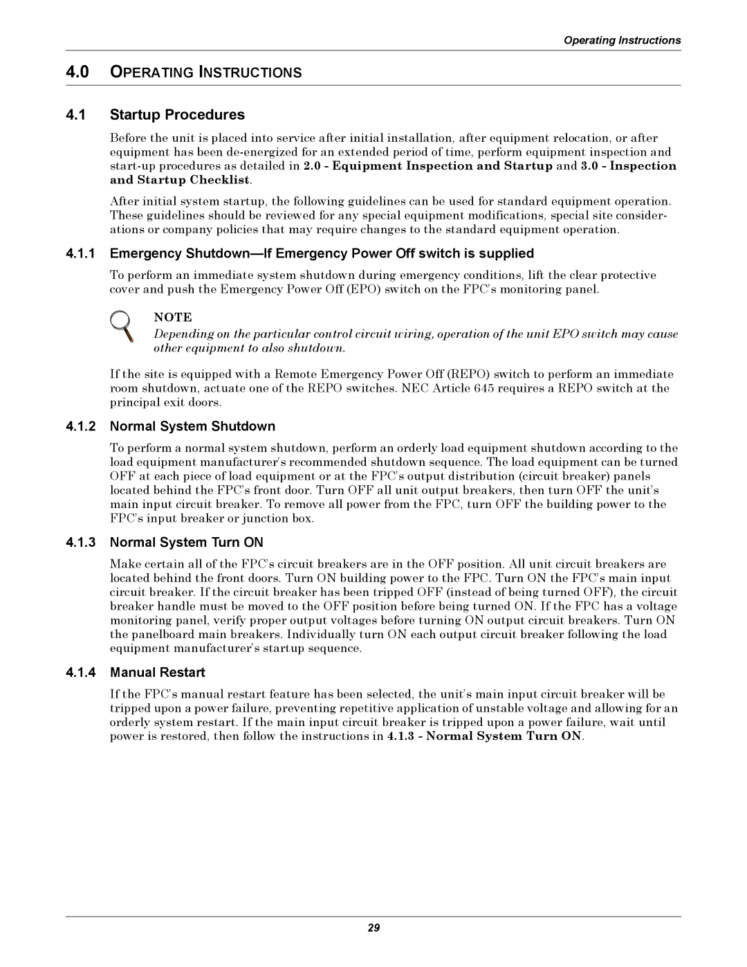 Emerson FPC user manual Startup Procedures, Normal System Shutdown, Normal System Turn on, Manual Restart 