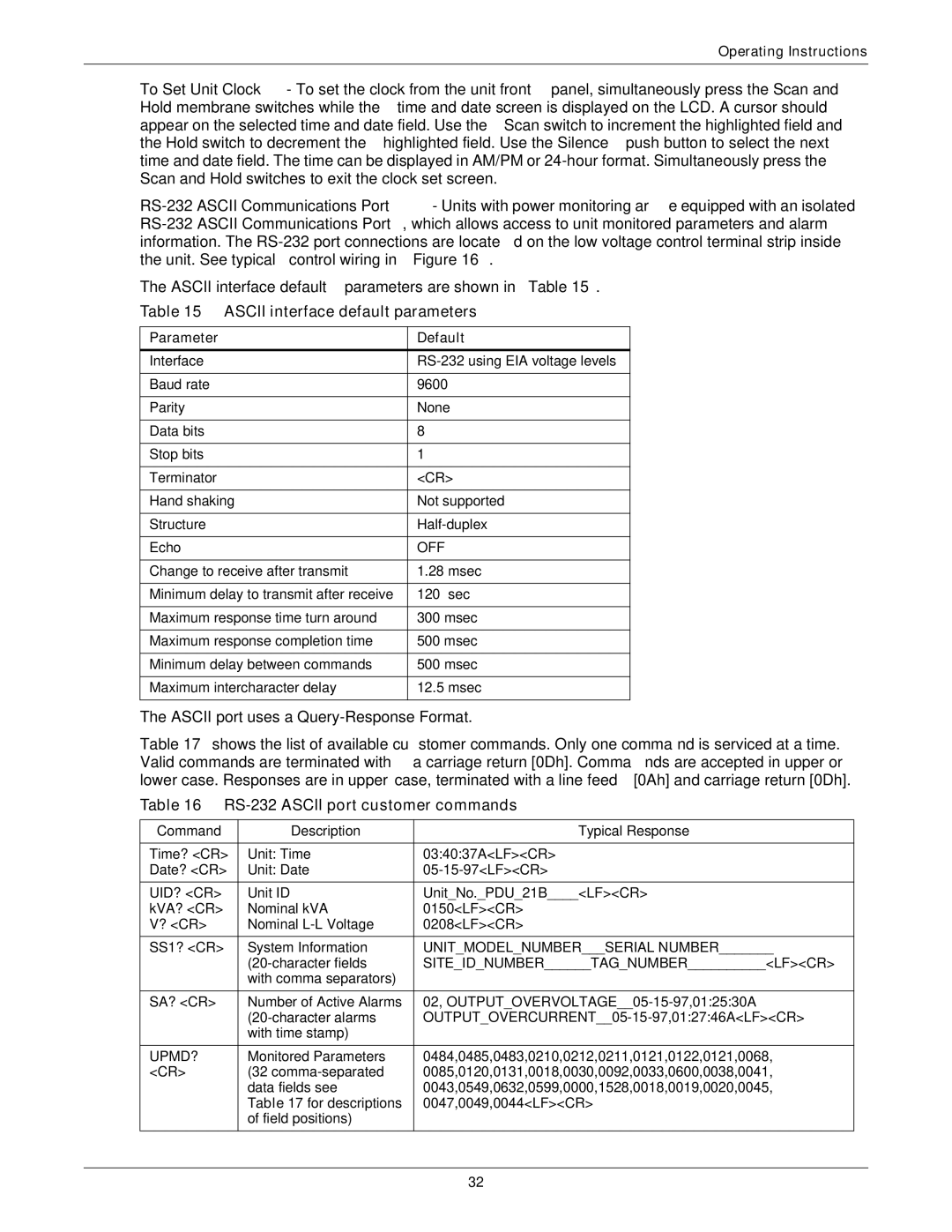 Emerson FPC user manual Ascii interface default parameters, RS-232 Ascii port customer commands, Parameter Default 